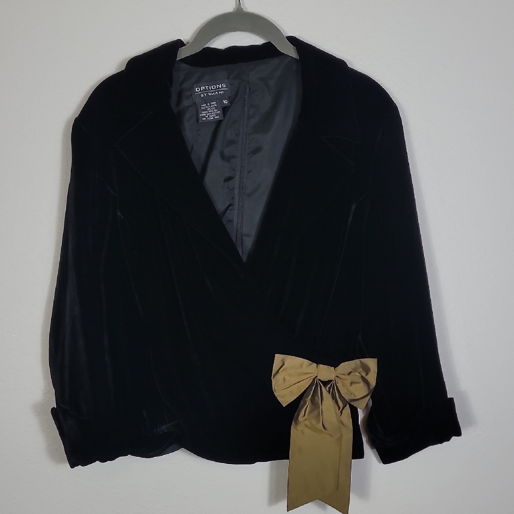 Vintage Women Black Velvet Jacket Size 10 Gold Bow VNeck Faux Wrap Long Sleeve M